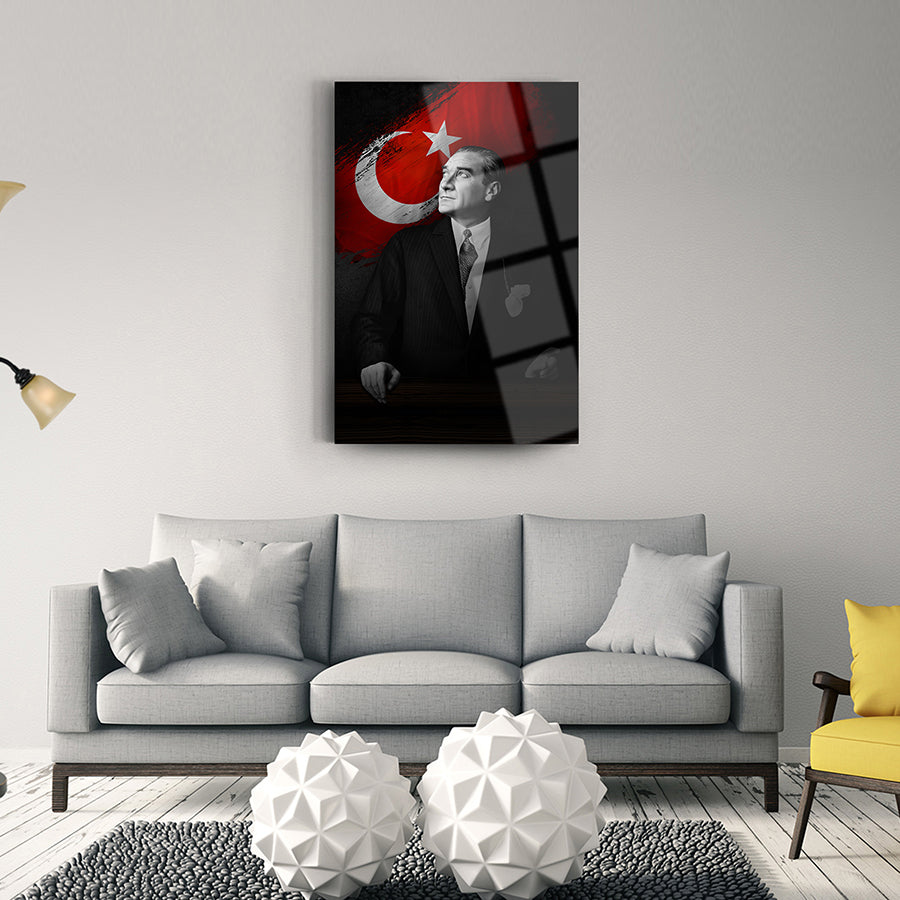 Atatürk 11 cam tablo, modern oturma odası dekorasyonu, yüksek kaliteli UV baskı ile tasarlanmış