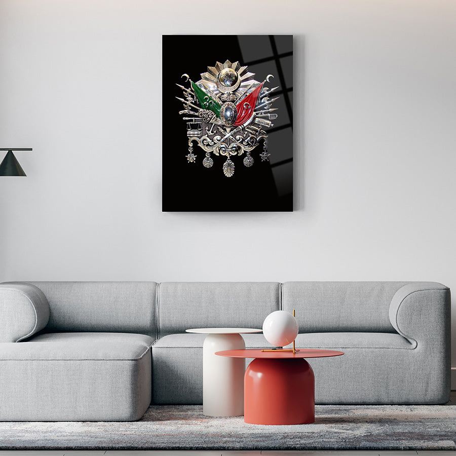 Osmanlı Tuğrası Cam Tablo, dekoratif siyah arka planda estetik tasarım, modern oturma odası dekoru.