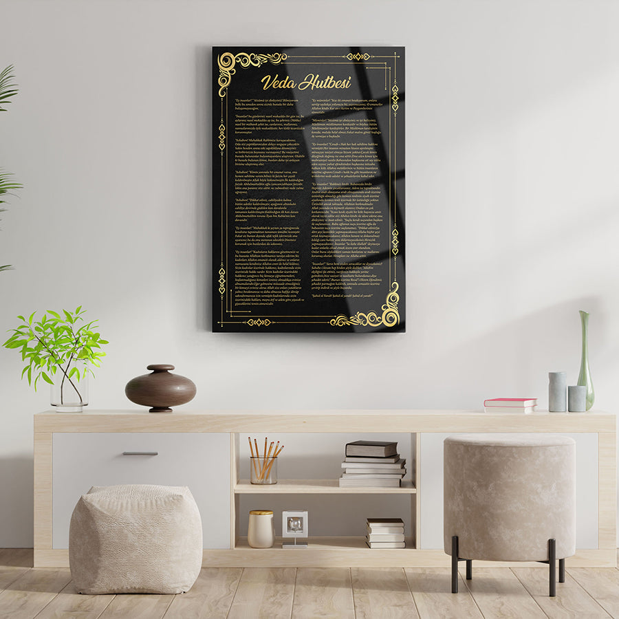 Veda Hutbesi cam tablo, modern tasarım, şık dekorasyon, ev ofis duvar sanatı.