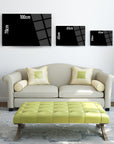 Modern living room setup featuring SRD concept glass wall art in various sizes.