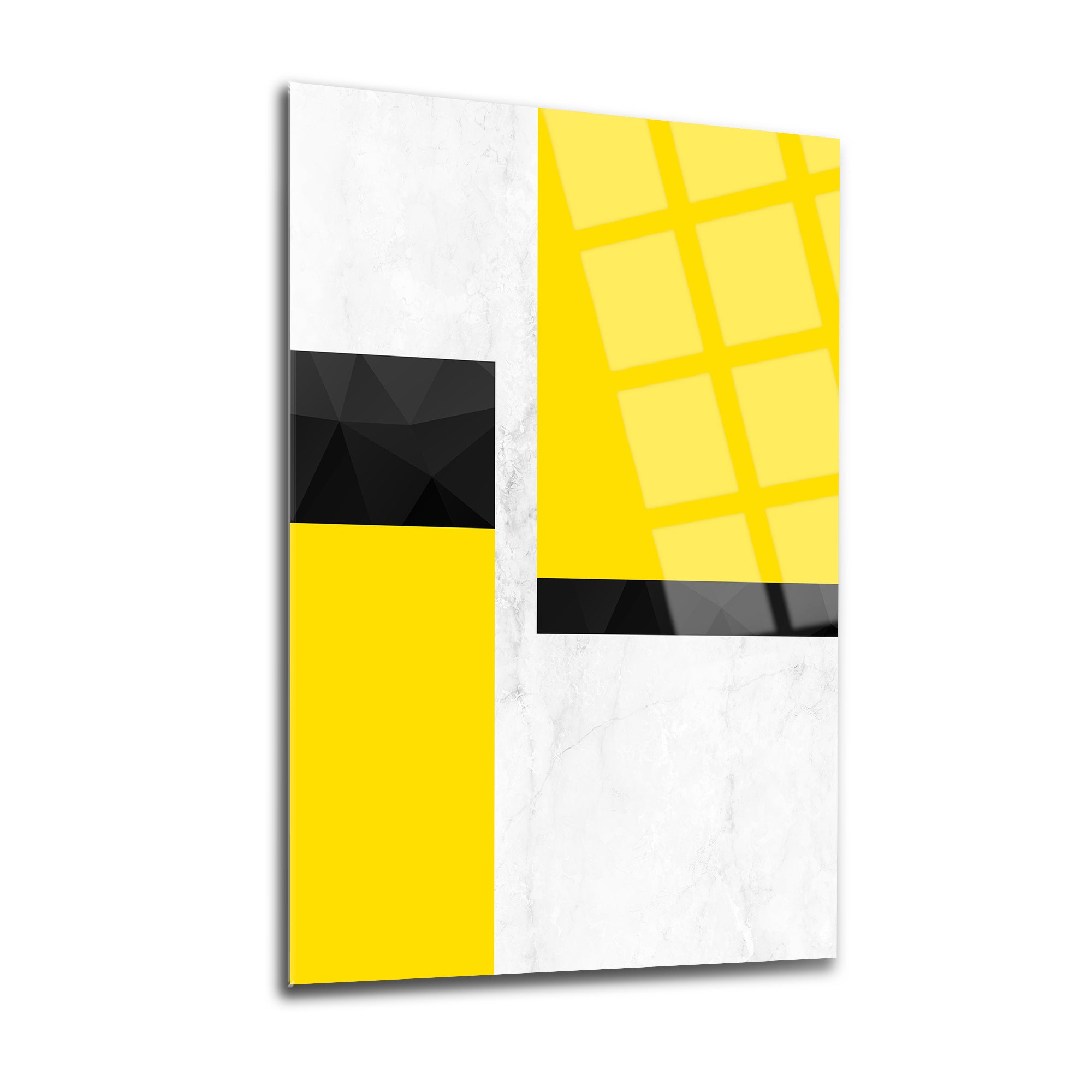 Sarı siyah geometrik desenli cam tablo, modern tasarım, UV baskı ile yüksek kaliteli. 4 mm kalınlığında dayanıklı cam.