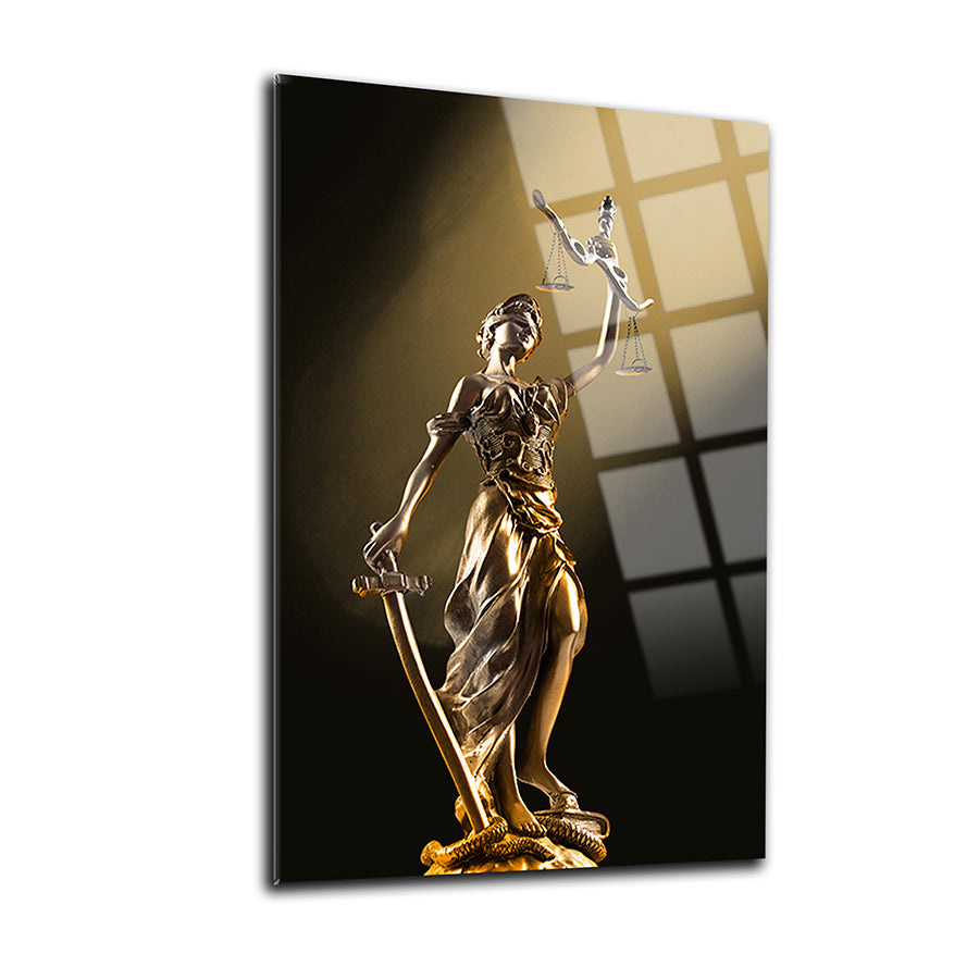 Themis statue on a sleek 4mm tempered glass panel with a dramatic background showcasing its elegance.
