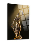 Themis statue on a sleek 4mm tempered glass panel with a dramatic background showcasing its elegance.