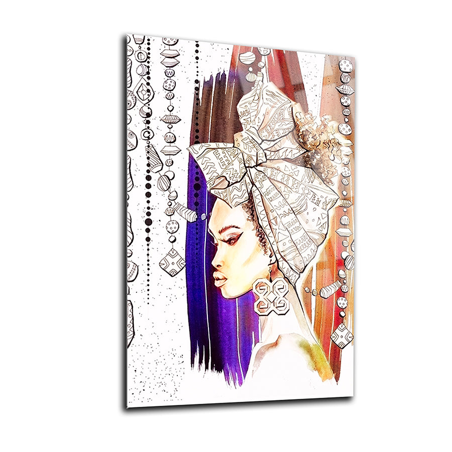 Afrikalı kadın figürü, modern sanat tarzında, şık bir kafa bandı ve zarif aksesuarlarla tasarlandı.