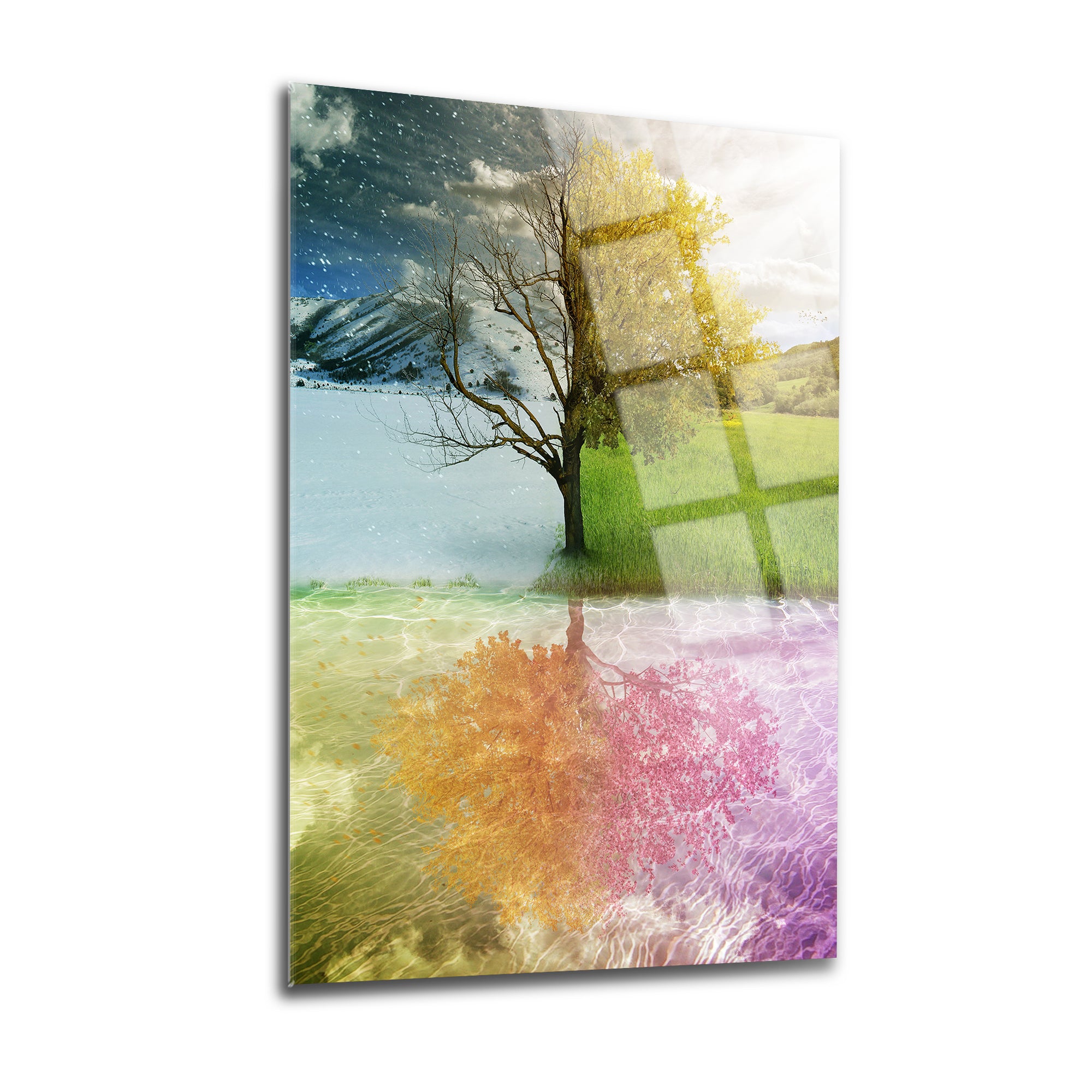 Dört Mevsim Cam Tablo, doğa manzaralı, UV baskı ile tasarlanmış, 4 mm kalınlıkta şık ve dayanıklı cam tablo.