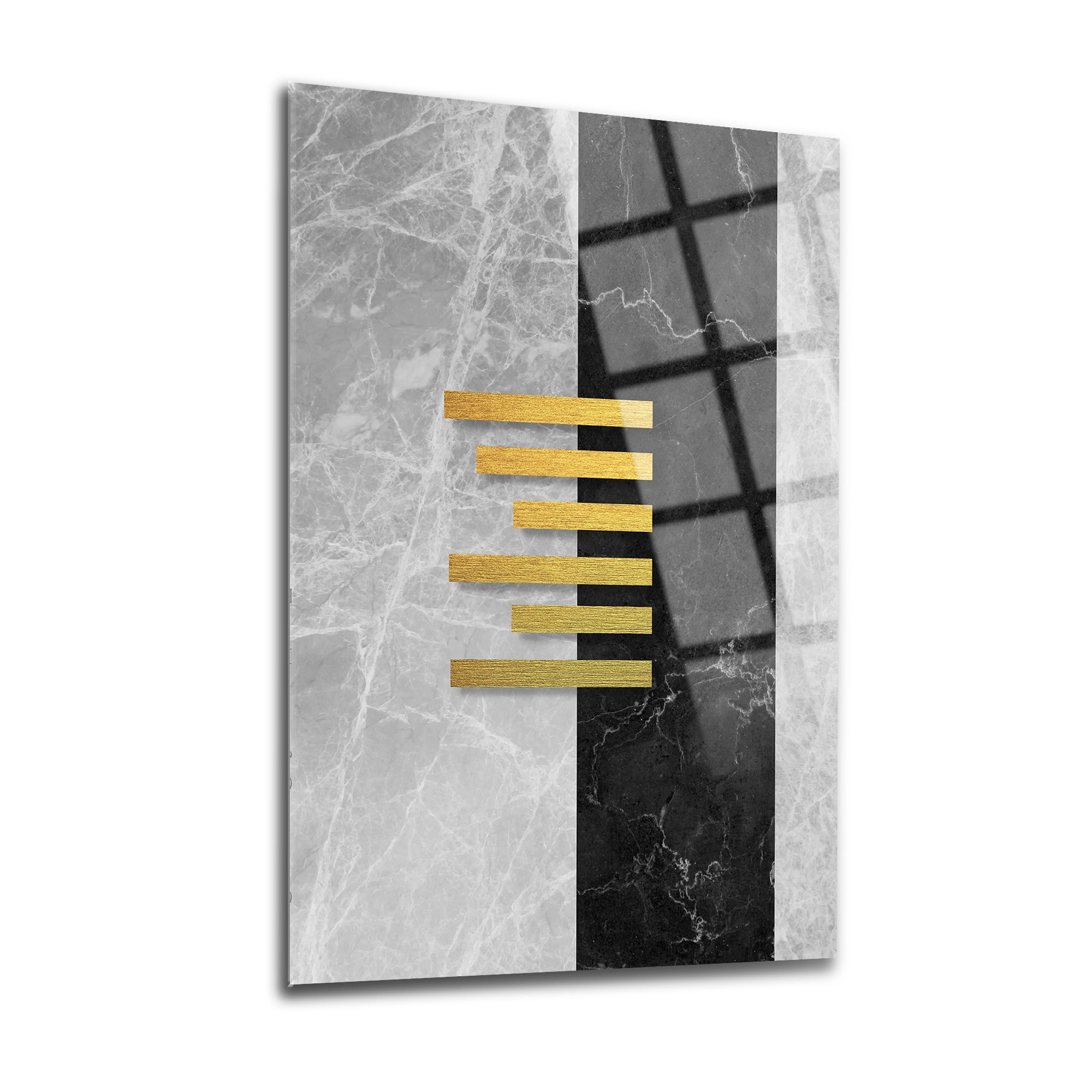 Altın çizgilerle tasarlanmış modern cam tablo, şık iç mekan dekorasyonu için ideal.