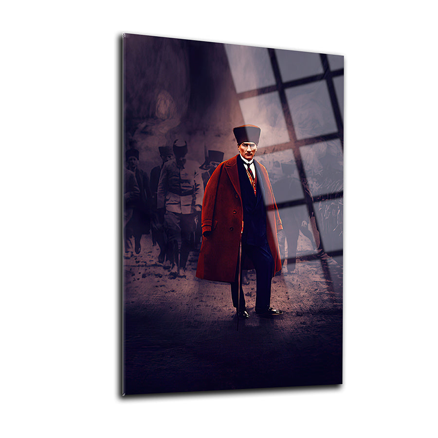 Atatürk 35 Cam Tablo featuring a historical figure in a red coat, ideal for decor and art lovers.