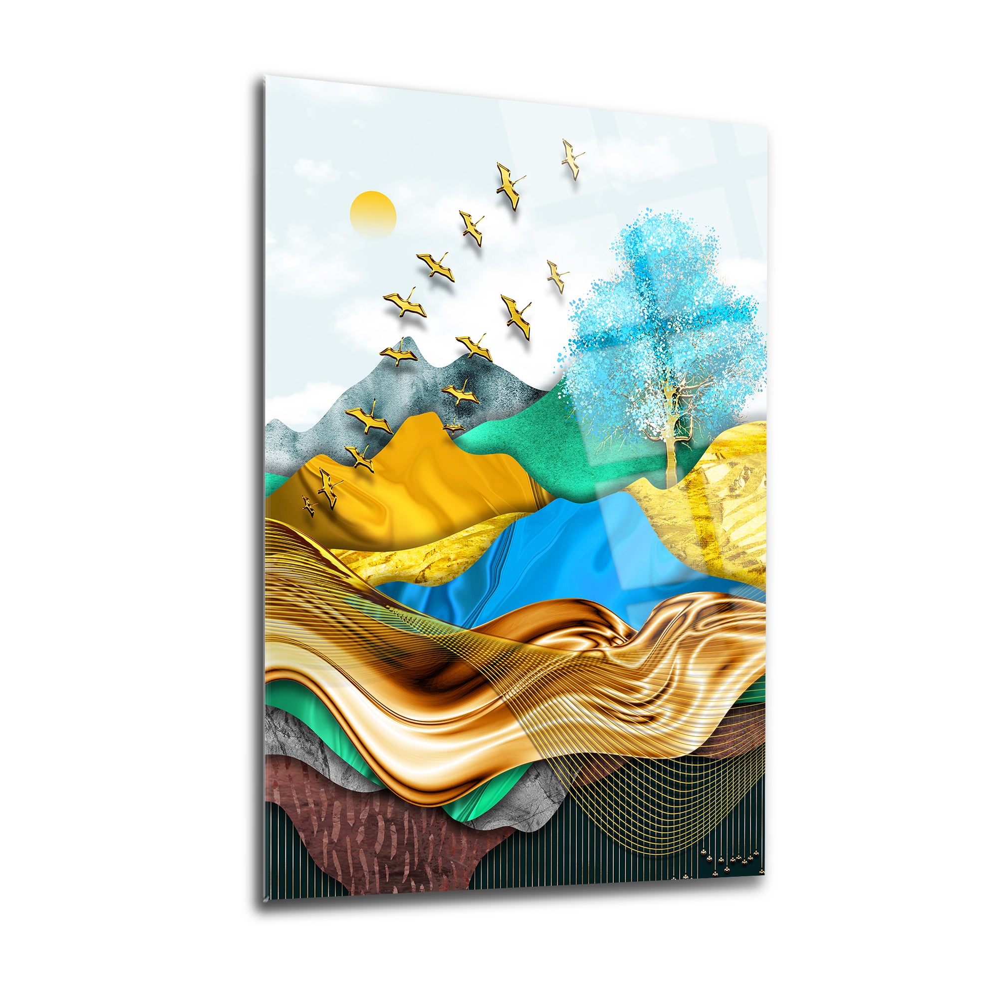 Göçmen Kuşlar Cam Tablo: Şık ve dayanıklı UV baskılı temperli cam, doğa temalı modern dekor.