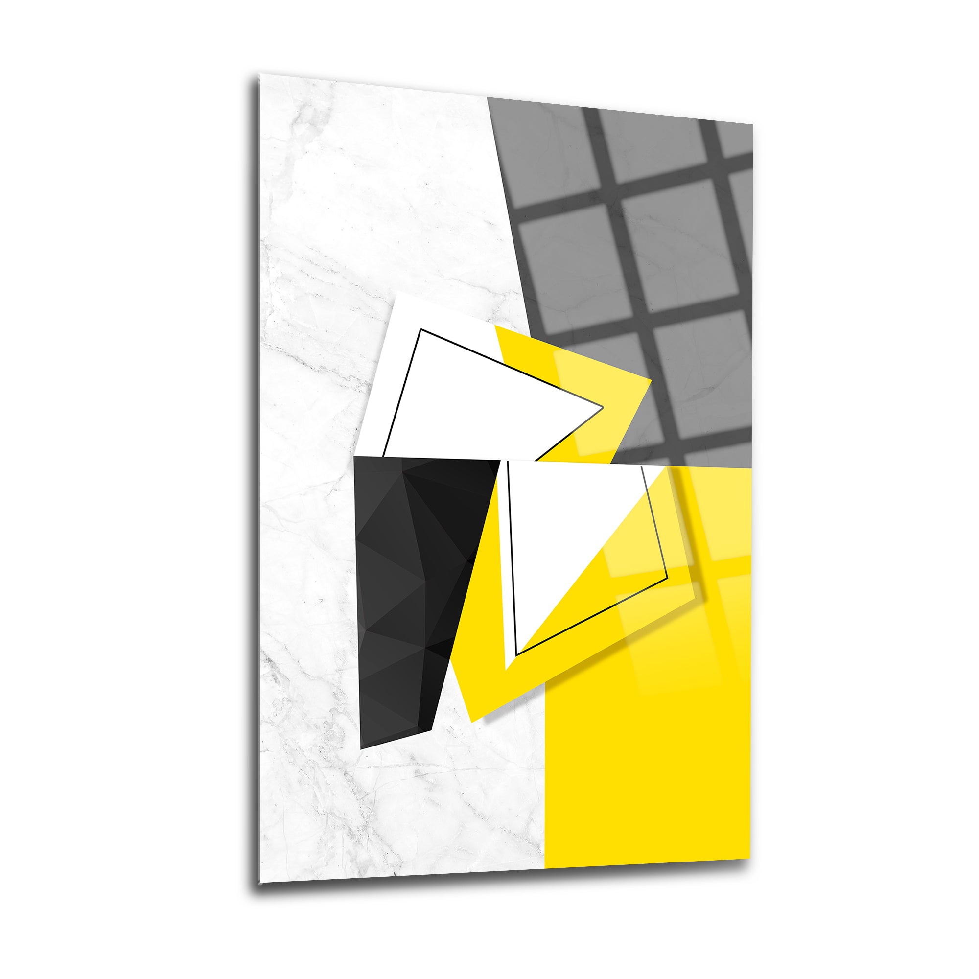 Sarı siyah üçlü set cam tablo, modern tasarım, UV baskı, yüksek kaliteli temper cam, dekoratif duvar sanatı.