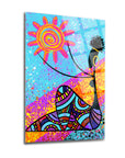 Colorful abstract art of a figure holding a sun, featuring vibrant patterns on glass, perfect for home decor.