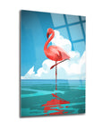 Flamingo artwork on glass, vibrant colors reflecting in water, perfect for modern decor.