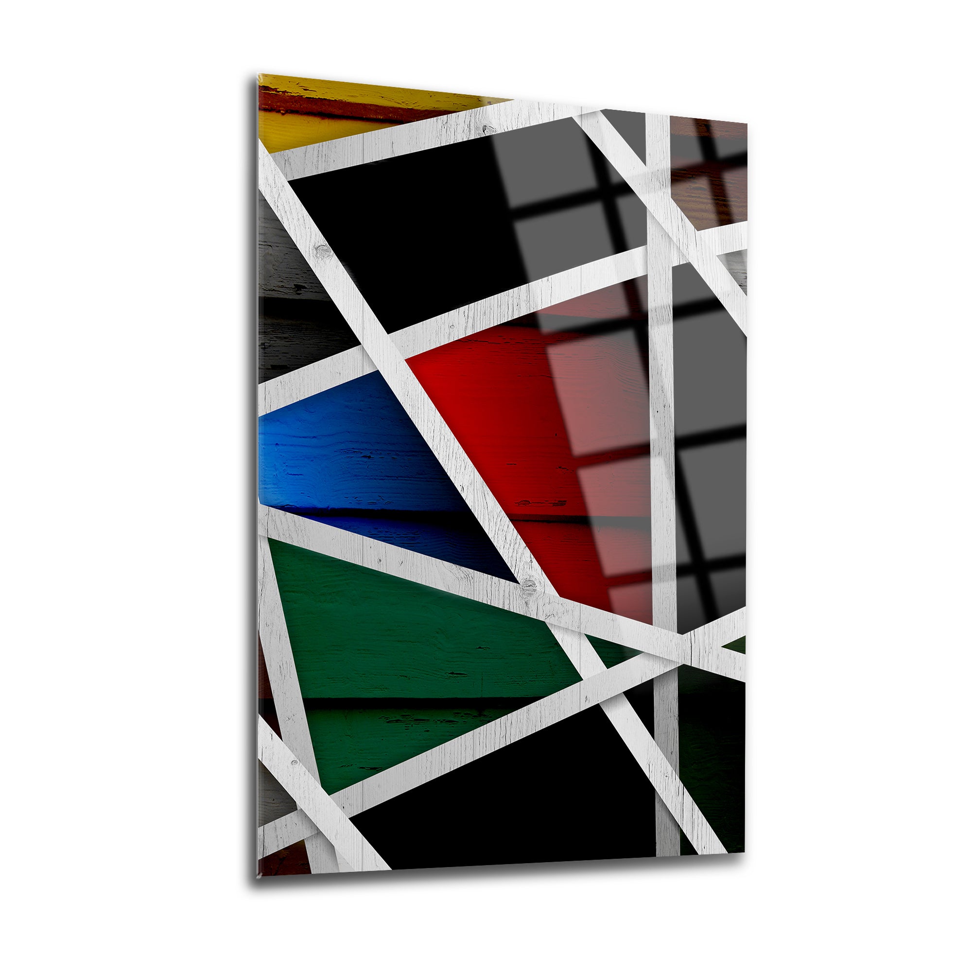 Modern Eskitme Ahşap Cam Tablo with colorful geometric patterns and white framing for contemporary decor.