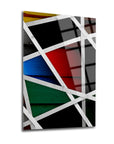 Modern Eskitme Ahşap Cam Tablo with colorful geometric patterns and white framing for contemporary decor.