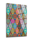 Colorful mandala design on glass art with intricate patterns and vibrant colors, perfect for home decor.