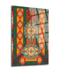 Kayı Halısı Cam Tablo with vibrant colors and intricate patterns, showcasing high-quality UV printing on tempered glass.