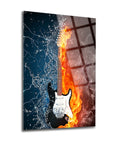 Gitar Cam Tablo featuring electric guitar amidst fire and water, showcasing unique art design printed on high-quality glass.