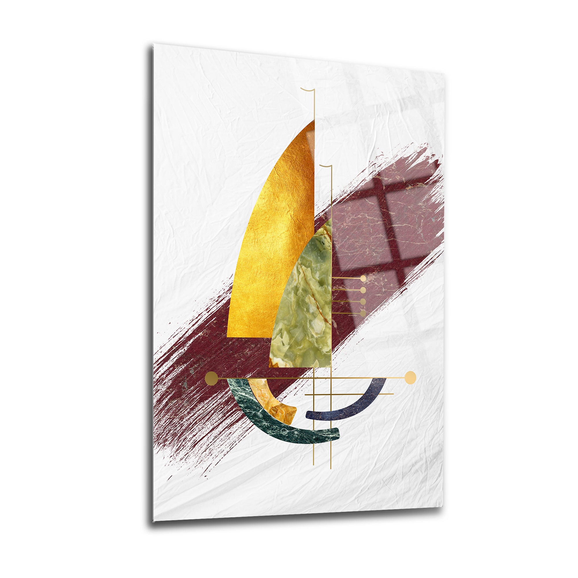 Abstract Mermer Kayık Cam Tablo featuring gold and green geometric shapes on a textured background.