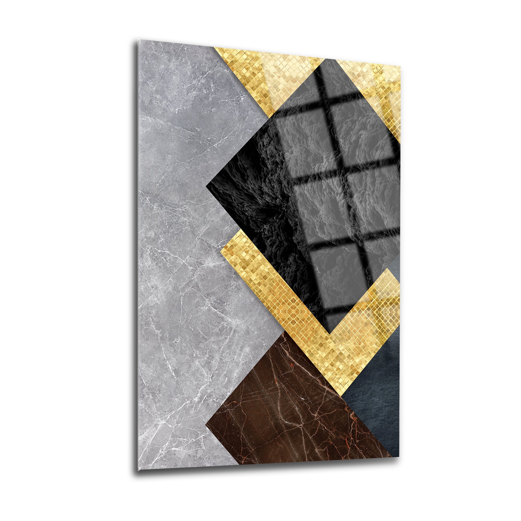 Modern geometric design wall art featuring grey, black, gold, and brown marble textures on glass.