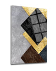Modern geometric design wall art featuring grey, black, gold, and brown marble textures on glass.