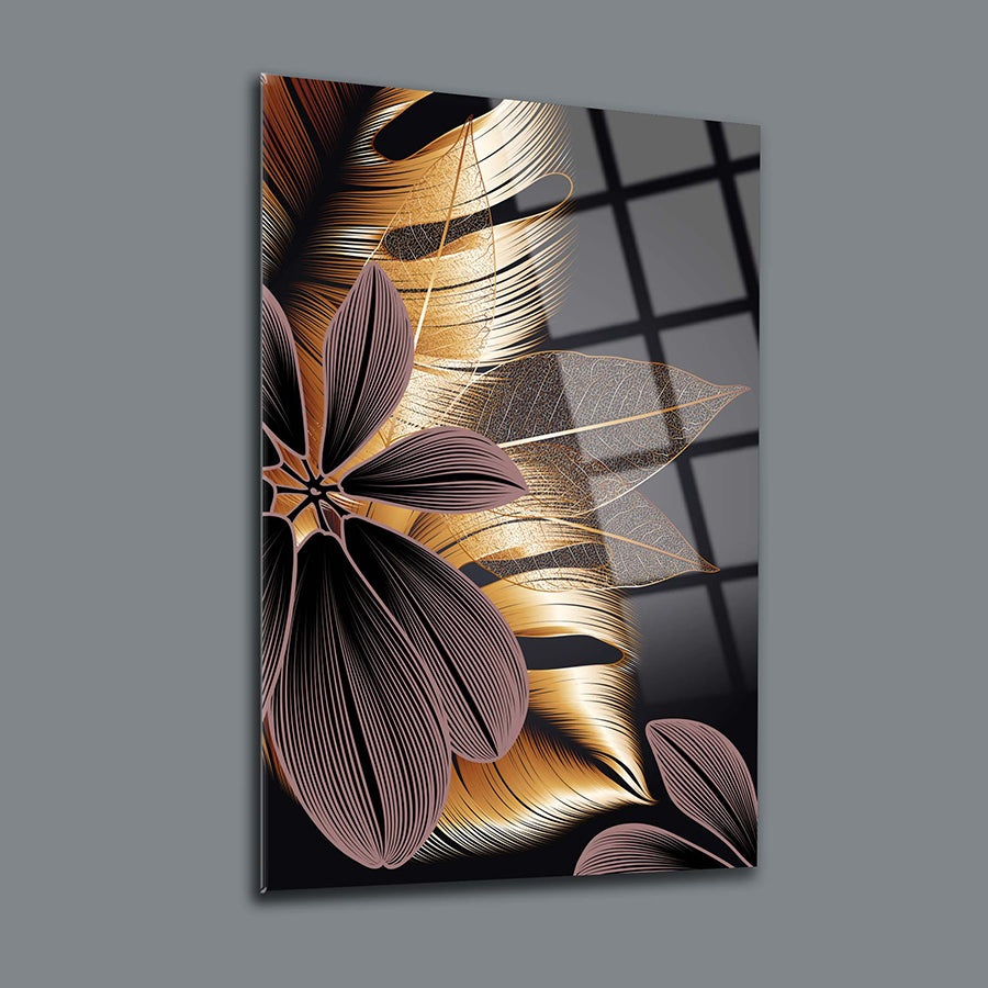 Altın yaprak ve çiçek tasarımlı SRD Concept 3'lü set cam tablo, şık ve modern iç mekan dekorasyonu için ideal.