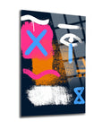 Modern art glass canvas featuring abstract colorful shapes and patterns in vibrant hues.
