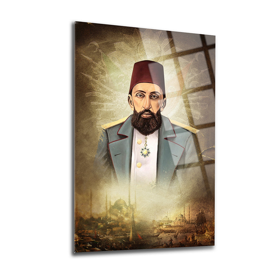 Abdülhamit Han 1 cam tablo; özel tasarım, yüksek kaliteli UV baskı, 4 mm kalınlığında dayanıklı cam ile yapılmış.