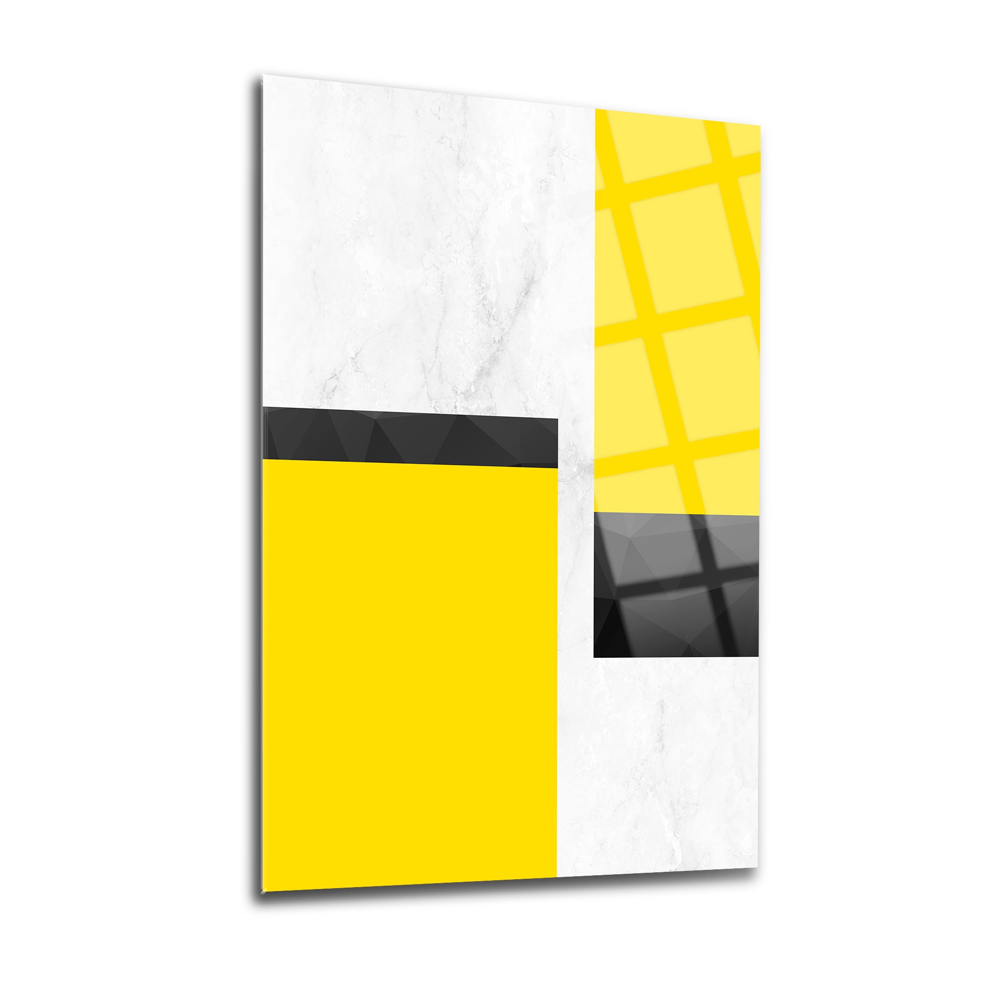 Sarı Siyah 3'lü Set Cam Tablo. Modern, geometrik tasarım; 4 mm kalınlığında dayanıklı temperli cam.