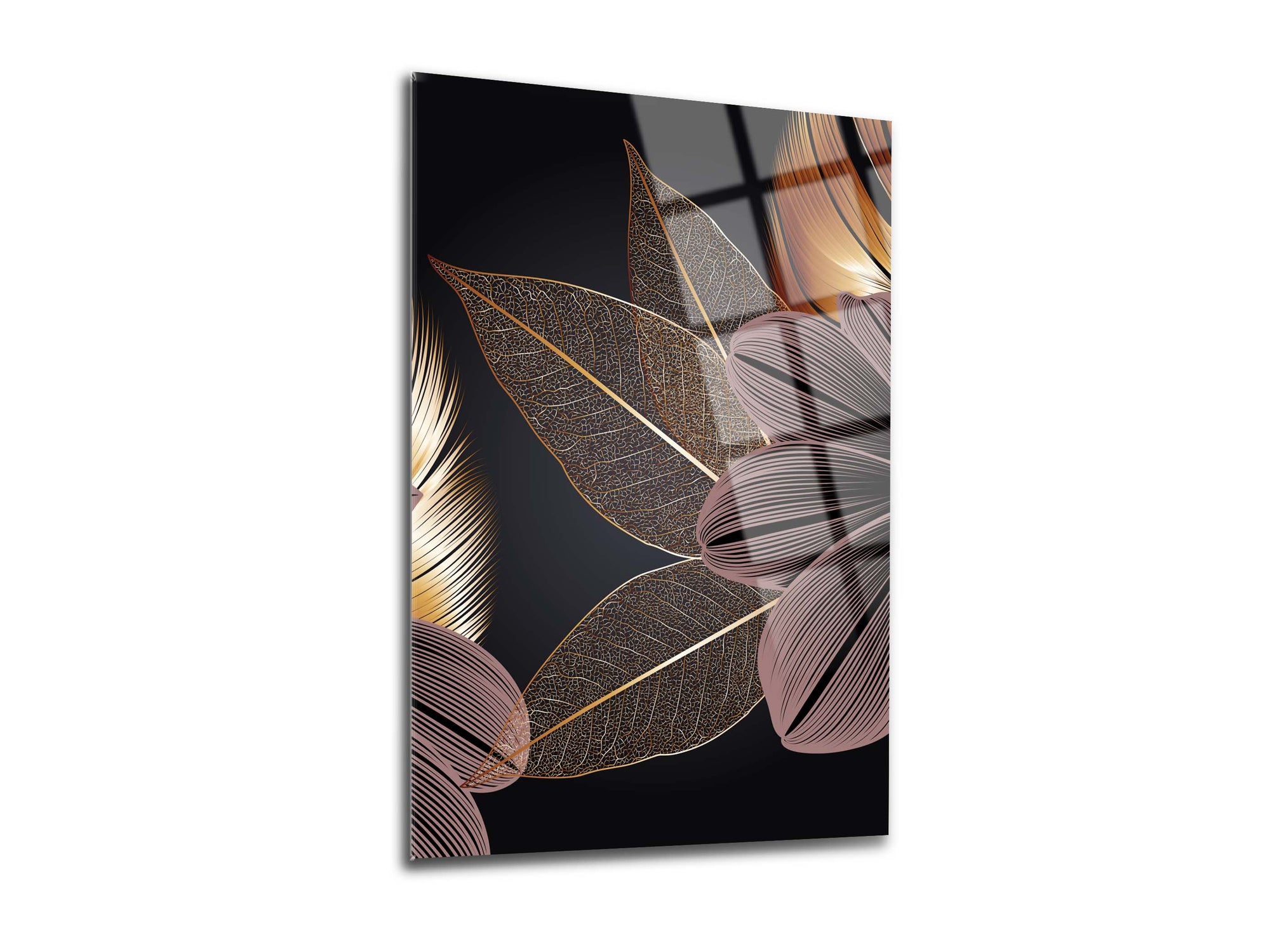 Artistic glass wall art featuring golden leaf designs on a dark background, perfect for modern decor.