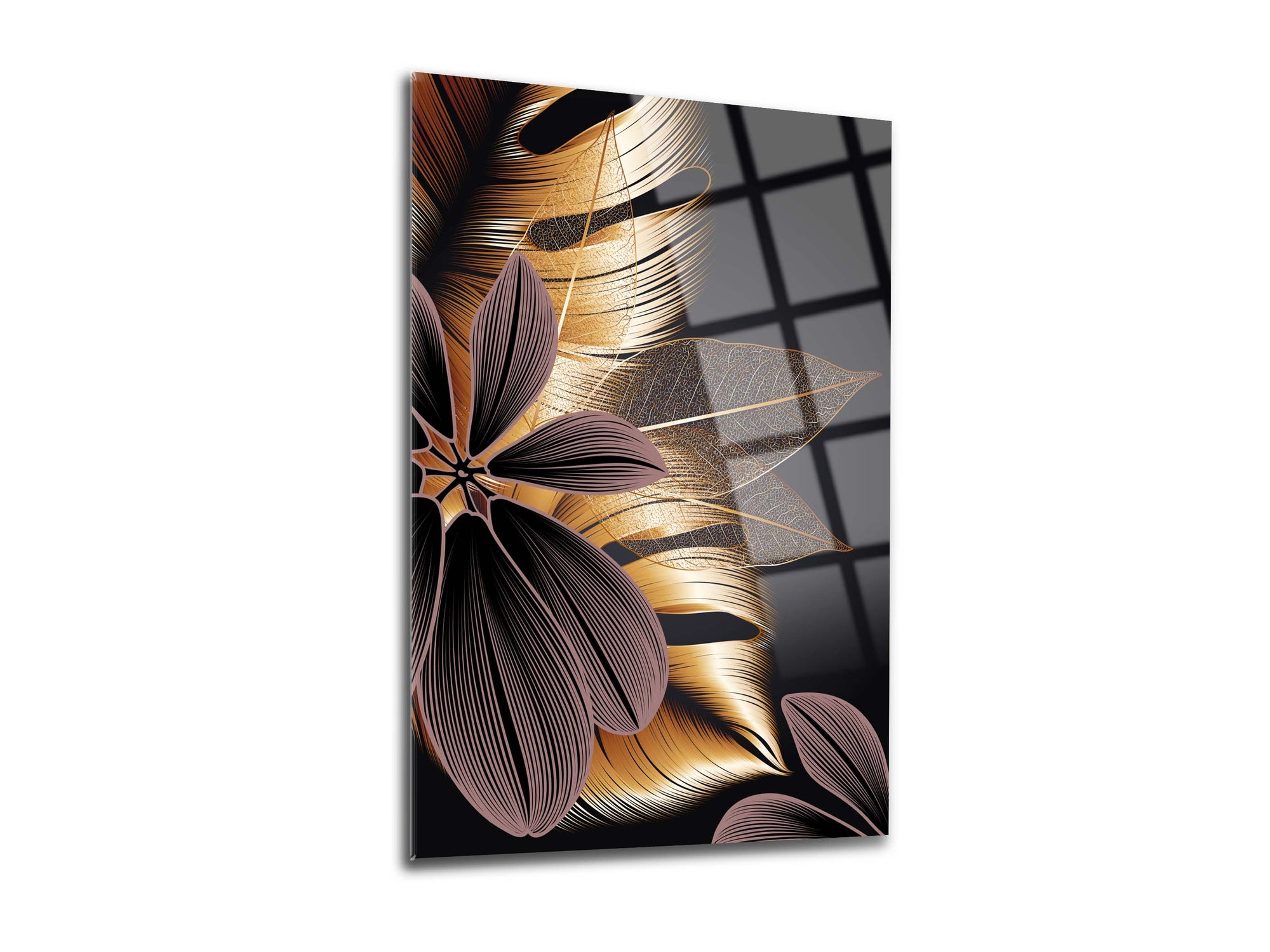 Altın Yapraklar 3'lü Set Cam Tablo, UV baskı ile tasarlanmış şık ve dayanıklı dekoratif tablo.