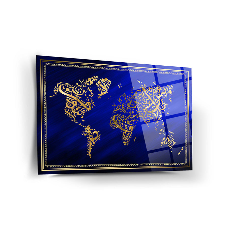 İslami Dünya 2 Haritası Cam Tablo, kaliteli temperli cam, zarif tasarım, UV baskılı, mavi arka plan