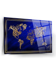 İslami Dünya 2 Haritası Cam Tablo, kaliteli temperli cam, zarif tasarım, UV baskılı, mavi arka plan