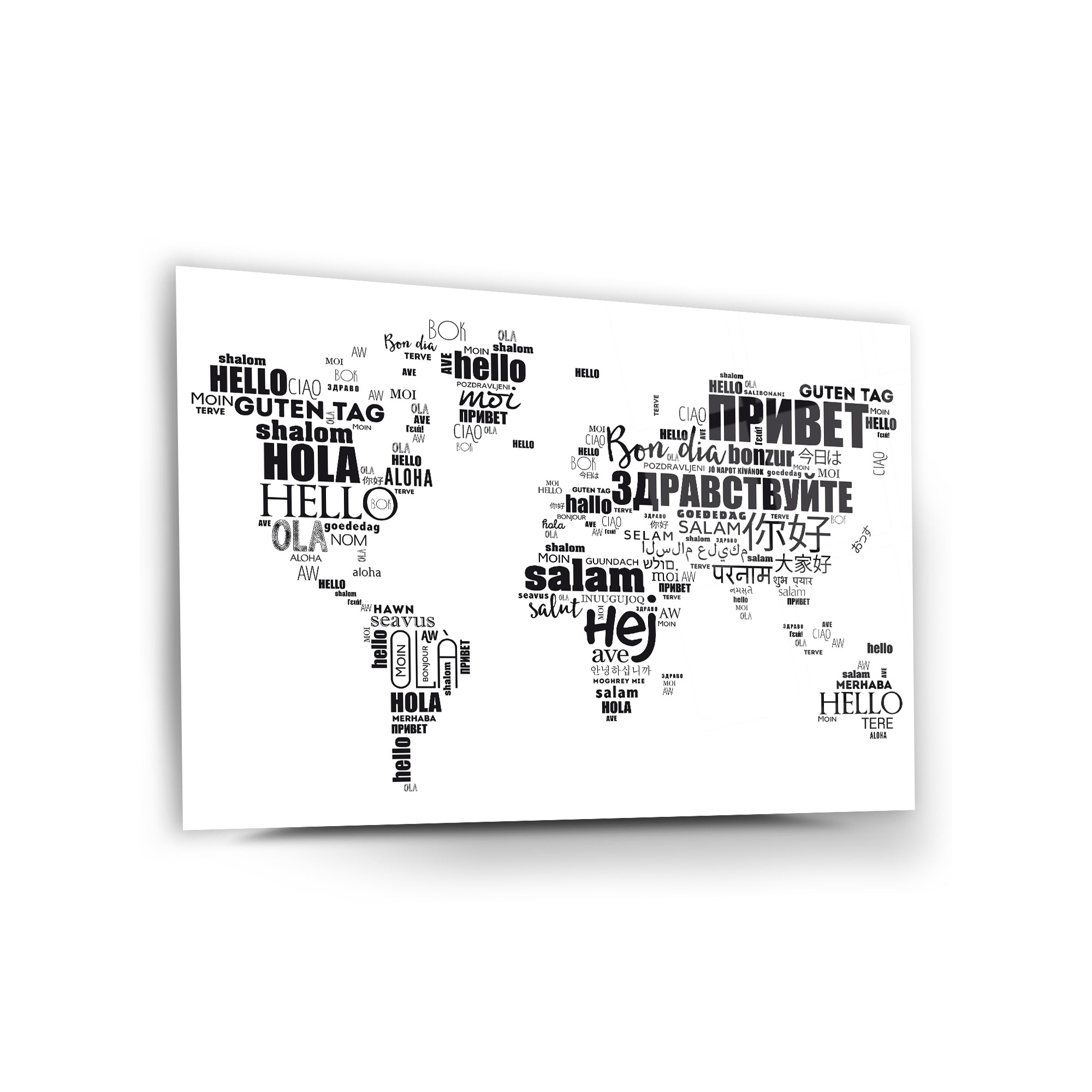 World map design featuring the word 'hello' in multiple languages, stylish wall art decor for homes.