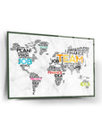 Team Spirit World Map Glass Plaque with motivational words and phrases in modern design.