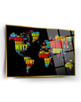 Colorful world map glass artwork with text questions like 'What?', 'Why?', 'Who?', and 'Where?' on a black background.