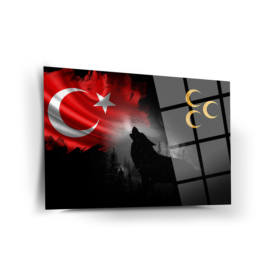 Bozkurt Üç Hilal cam tablo, Türkiye bayrağı ve kurt silueti, modern dekorasyon için şık tasarım.