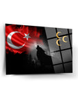 Bozkurt Üç Hilal cam tablo, Türkiye bayrağı ve kurt silueti, modern dekorasyon için şık tasarım.