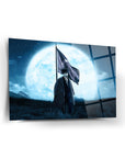 Atatürk 20 Cam Tablo with a moonlit background and a flag, showcasing high-quality UV printing on tempered glass.