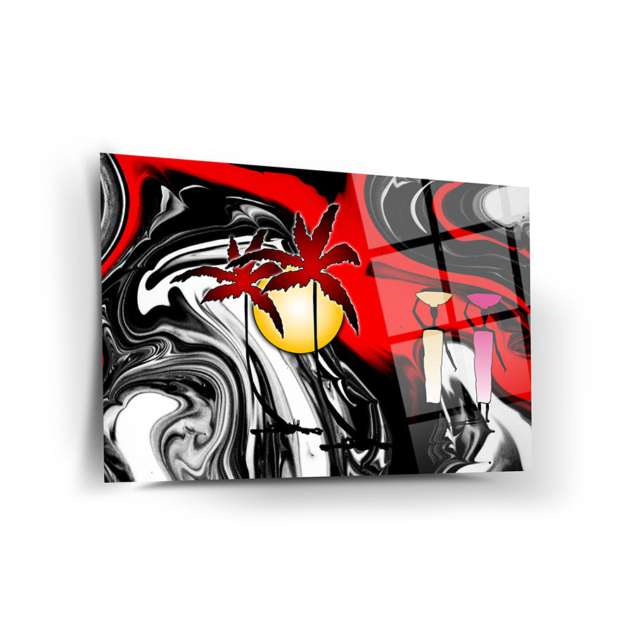 Afrika Renkleri Cam Tablo with abstract design featuring palm trees and sunset in red, black, and white hues.