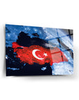 Dünyadır Türkiye Cam Tablo featuring a vibrant design of Turkey over a celestial background.