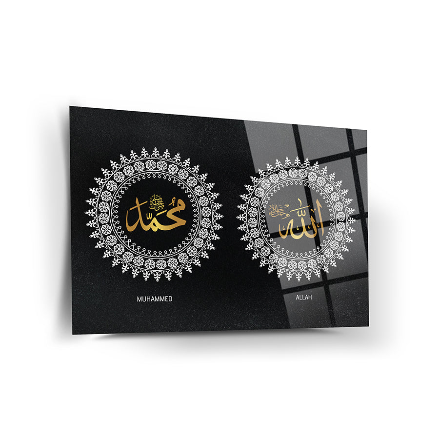 Elegant Allah Muhammed cam tablo with intricate gold and white floral designs on a sleek black background.
