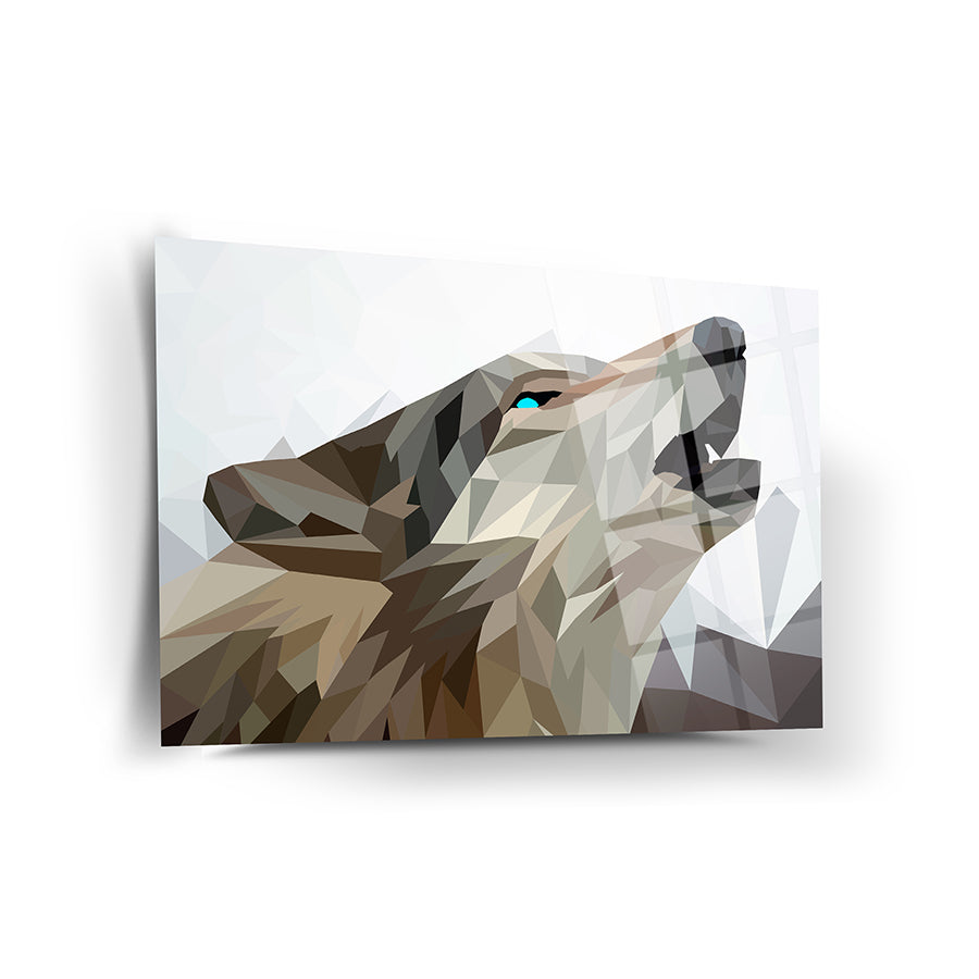 Geometric wolf art print featuring a wolf howling with sharp edges and vibrant colors in a modern design.