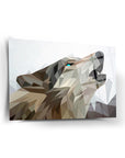 Geometric wolf art print featuring a wolf howling with sharp edges and vibrant colors in a modern design.