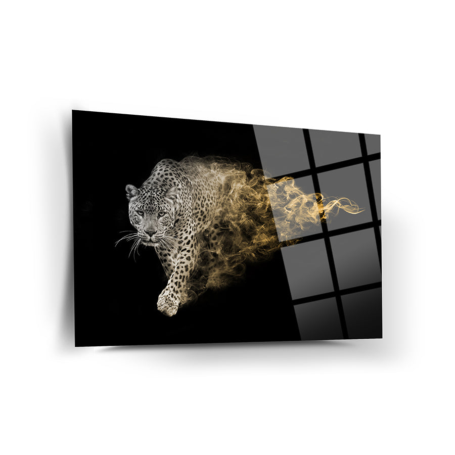 Duman Leoparı Cam Tablo, UV baskı ile tasarlanmış, 4 mm temperli cam, modern dekor için şık sanat eseri.