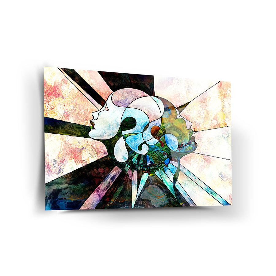 Bağlı Zihinler Cam Tablo: Soyut tasarımla iki yüz, 4 mm kalınlığında temperli cam üzerine UV baskı.