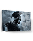 Spartalı 2 Cam Tablo, yüksek kaliteli temperli camda UV baskı ile tasarlanmış, fırtınalı atmosferde savaşçı figürü.