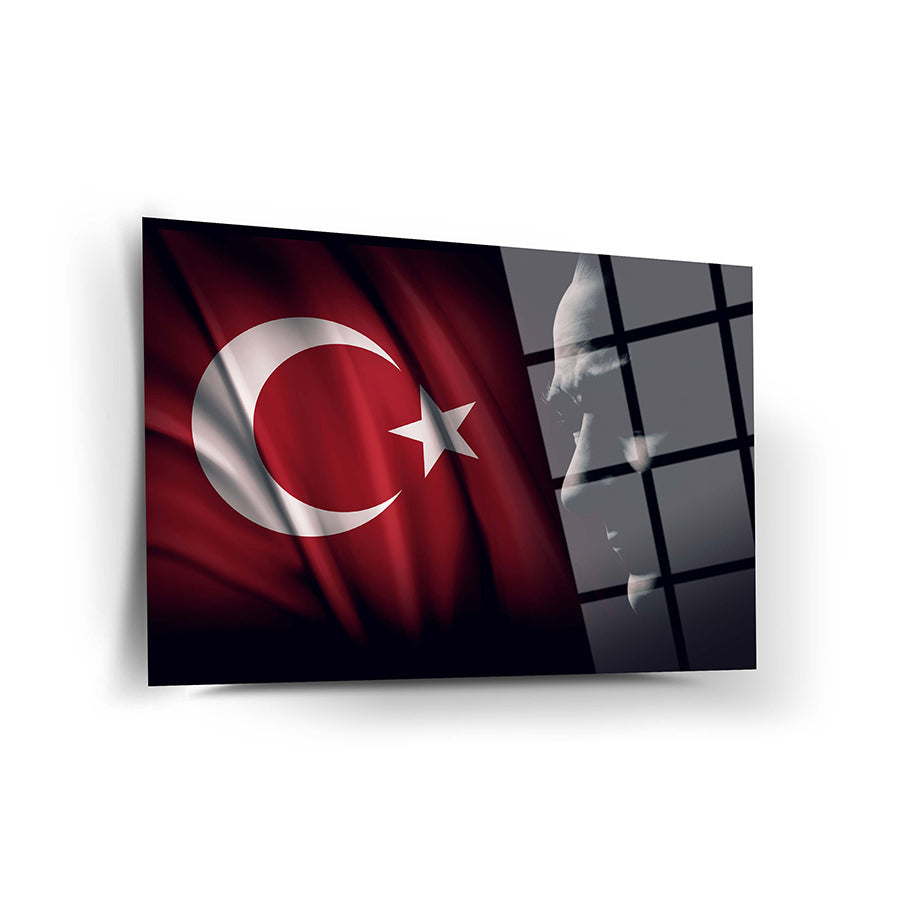 Atatürk and Turkish flag design on a high-quality glass panel, showcasing vibrant colors and intricate UV printing.