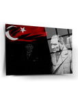 Atatürk 23 Cam Tablo featuring iconic Turkish symbol and historical portrait, high-quality tempered glass design.