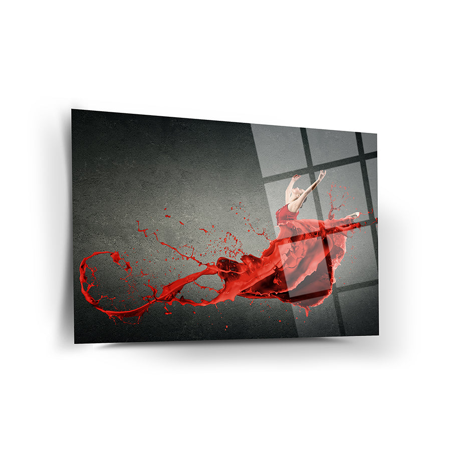 Kırmızılı balerinle tasarlanmış temperli cam tablo, şık ve dayanıklı dekorasyon için ideal.