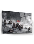Sarıkamış Cam Tablo featuring soldiers in snow with a Turkish flag, showcasing historical art on high-quality glass.