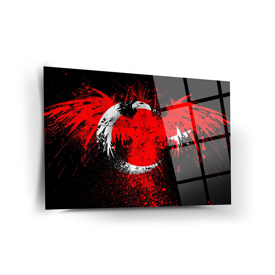 Stylish Kartal Türk Bayrağı cam tablo with a bold eagle design in red and black, perfect for home decor.
